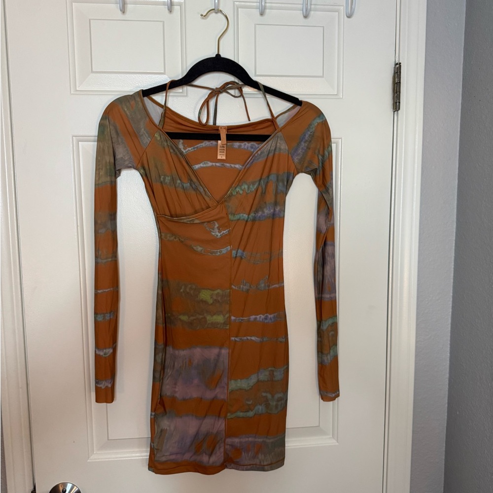 SKIMS Asymmetrical Dress in Orange and Gray
